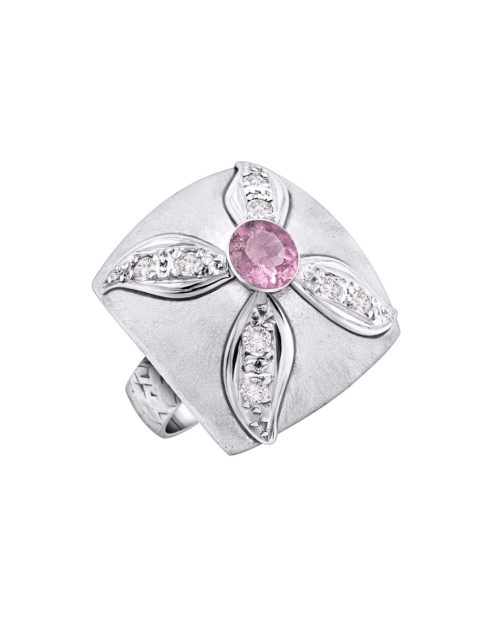 Rose tourmaline and crystals ring in 950 silver