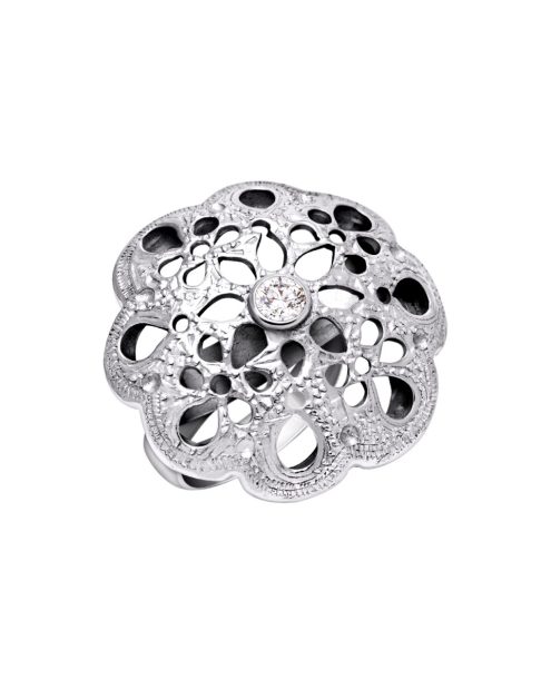 Openwork flower ring in 950 silver with crystal