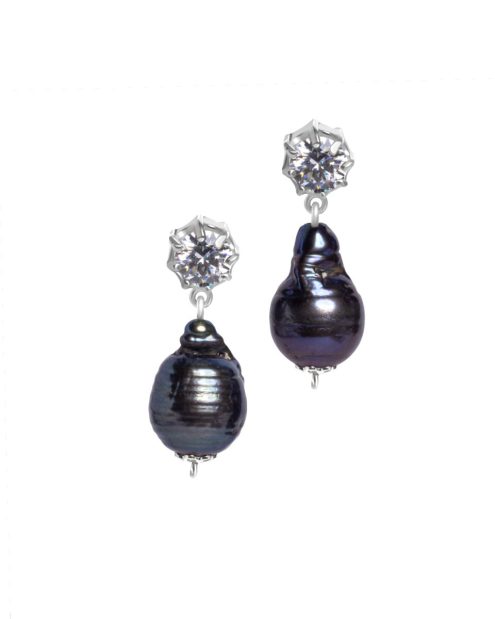 Sterling silver black drop pearl with crystal earrings